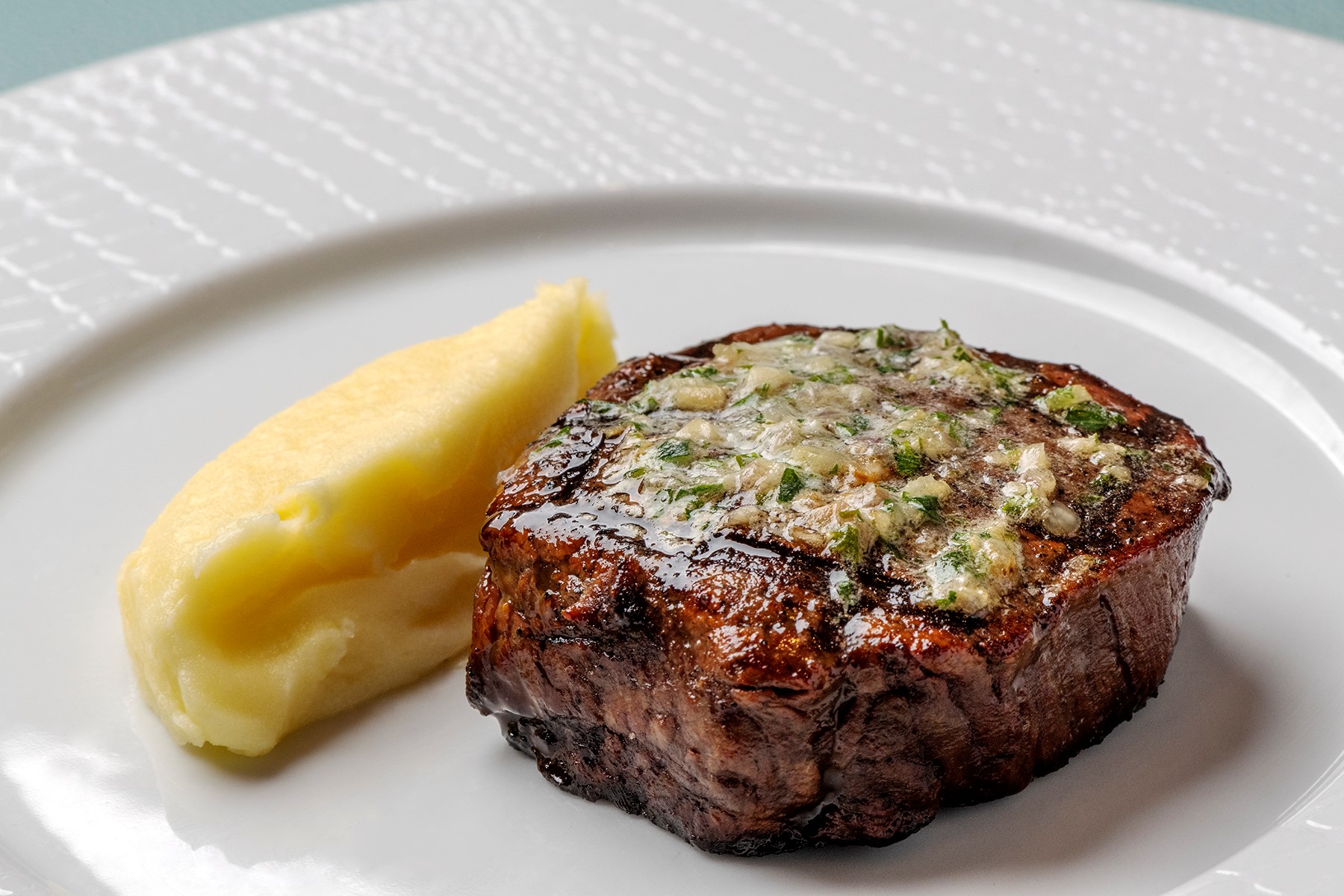 pan-seared-filet-mignon-with-garlic-herb-compound-butter-and-robuchon